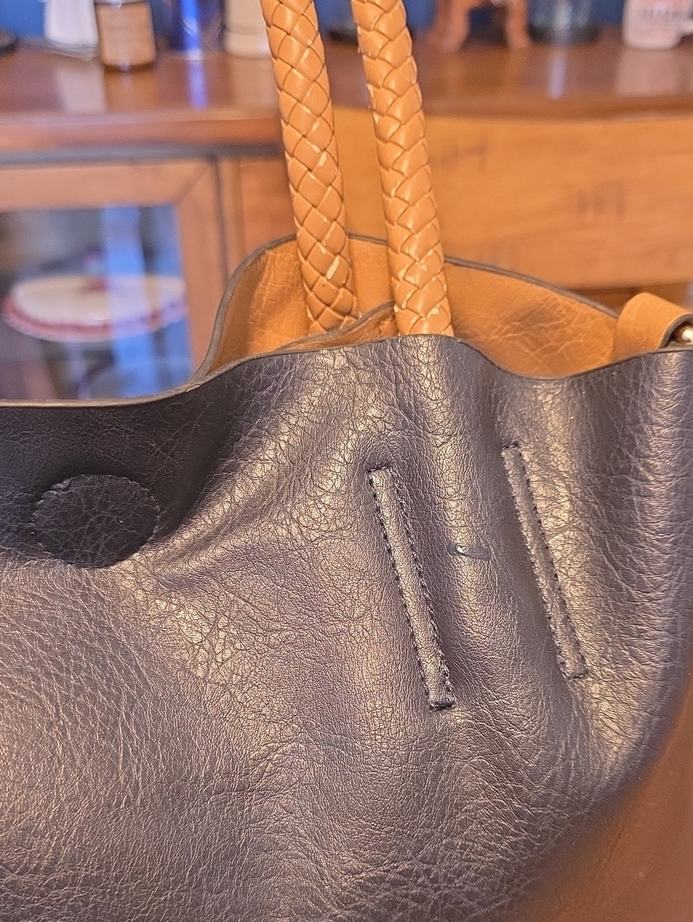 Classic Black Tote Bag with Braided Tan Handles - Picture 10 of 16